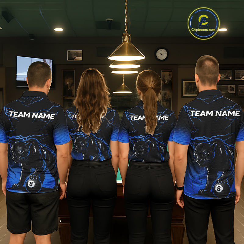 Black And Blue 8 Ball Pool Lightning Custom Panther Billiard Shirts, Billiard Team Jersey