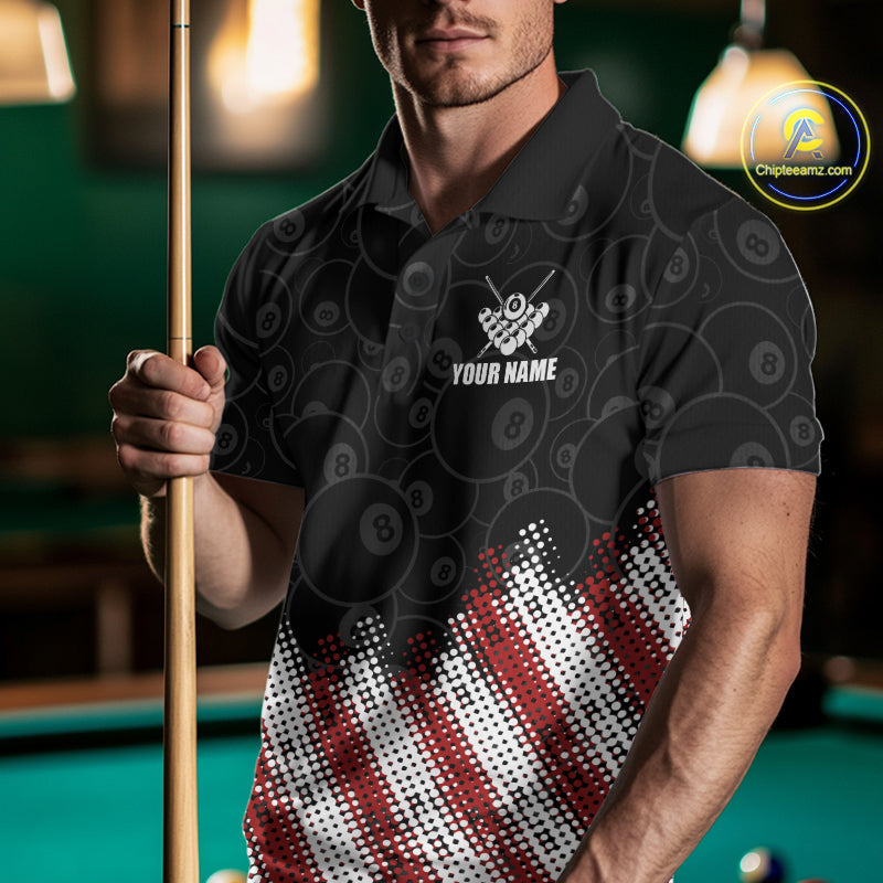 Red, White And Black 8 Ball Billiard Pool Shirts Custom Billiard Team Jersey Polo, 1/4 Zip