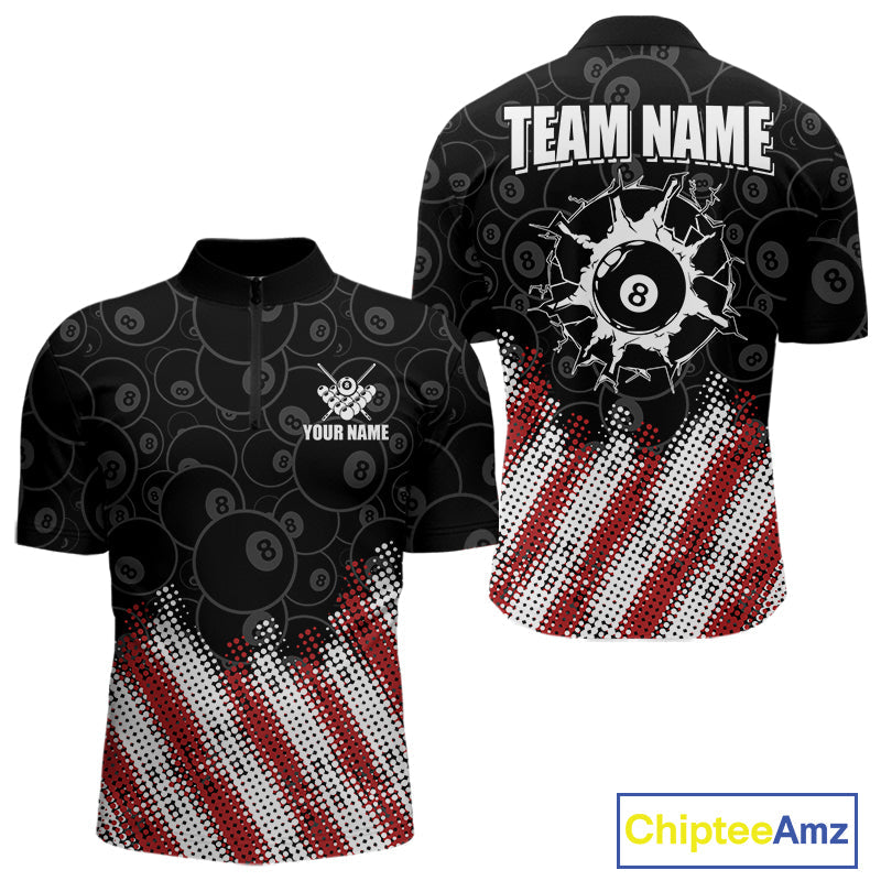 Red, White And Black 8 Ball Billiard Pool Shirts Custom Billiard Team Jersey Polo, 1/4 Zip