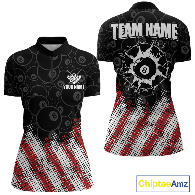 Red, White And Black 8 Ball Billiard Pool Shirts Custom Billiard Team Jersey Polo, 1/4 Zip