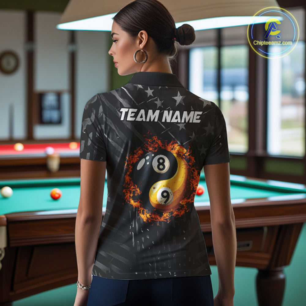 Black US Flag Ying And Yang 8 Ball & 9 Ball Custom Billiard Shirts Funny Billiard Jerseys
