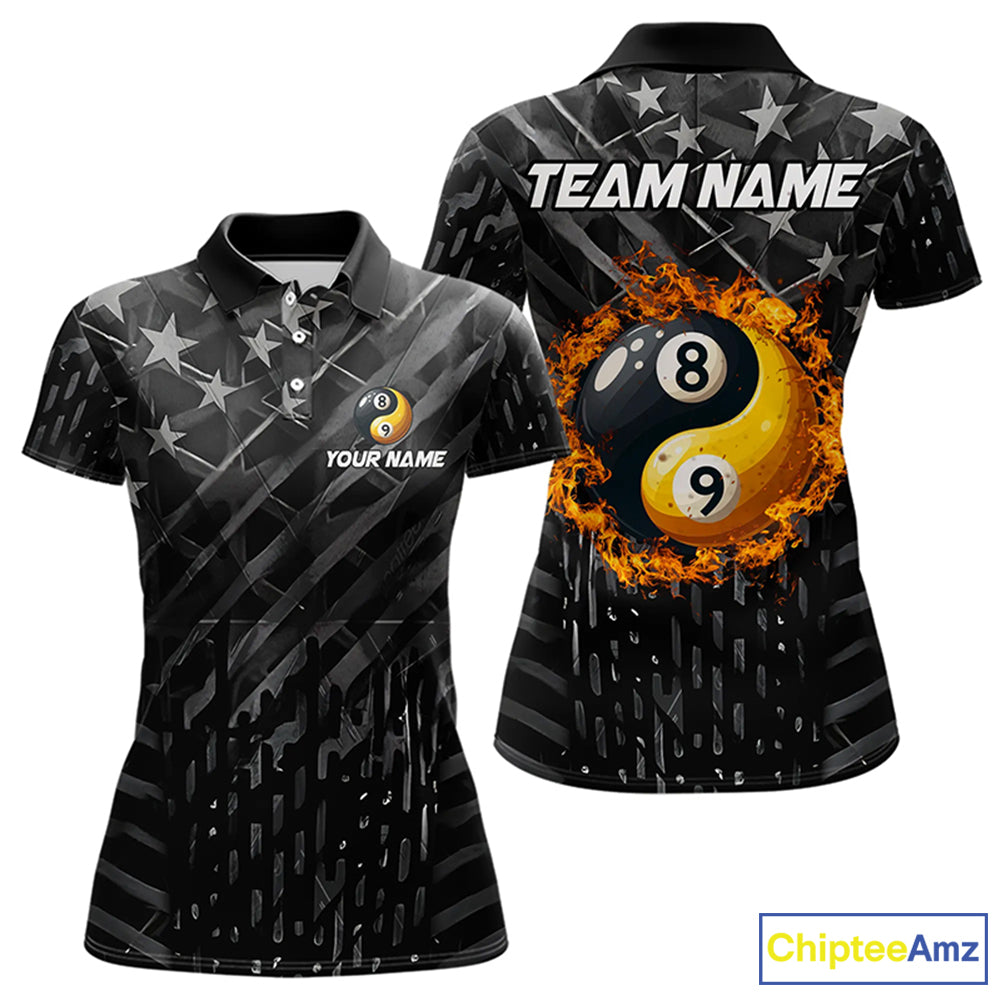 Black US Flag Ying And Yang 8 Ball & 9 Ball Custom Billiard Shirts Funny Billiard Jerseys