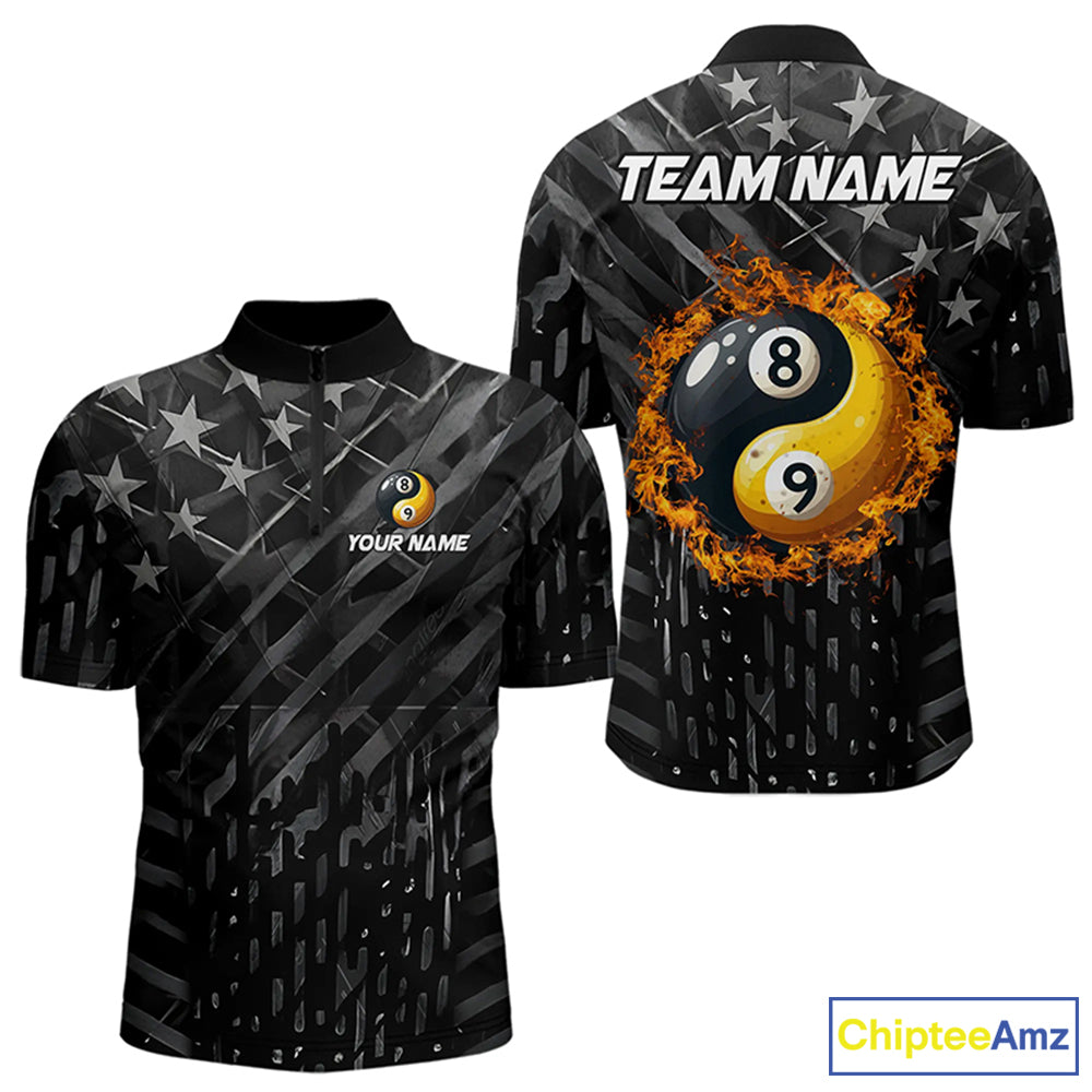 Black US Flag Ying And Yang 8 Ball & 9 Ball Custom Billiard Shirts Funny Billiard Jerseys
