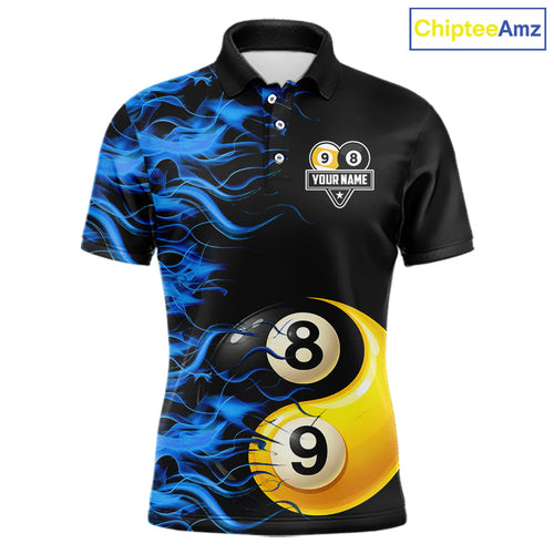 Blue Flaming 8 & 9 Ball Yin-Yang Billiard Shirt Custom Pool Team Jersey Polo & 1/4 Zip