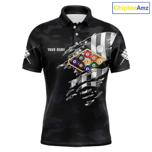 Personalized Camouflage US Flag Billiard Shirt, 9 Ball Pool Team Jersey Polo & 1/4 Zip