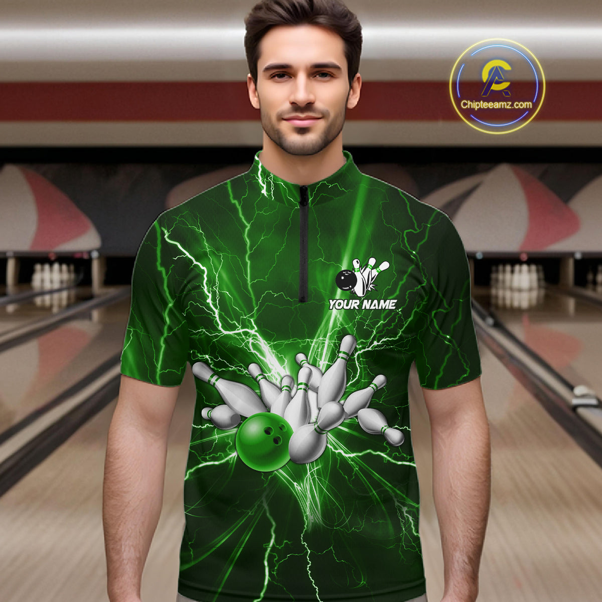 Custom Green Lightning Thunder Bowling Shirts, Bowling Team Jersey, Gifts For Bowler