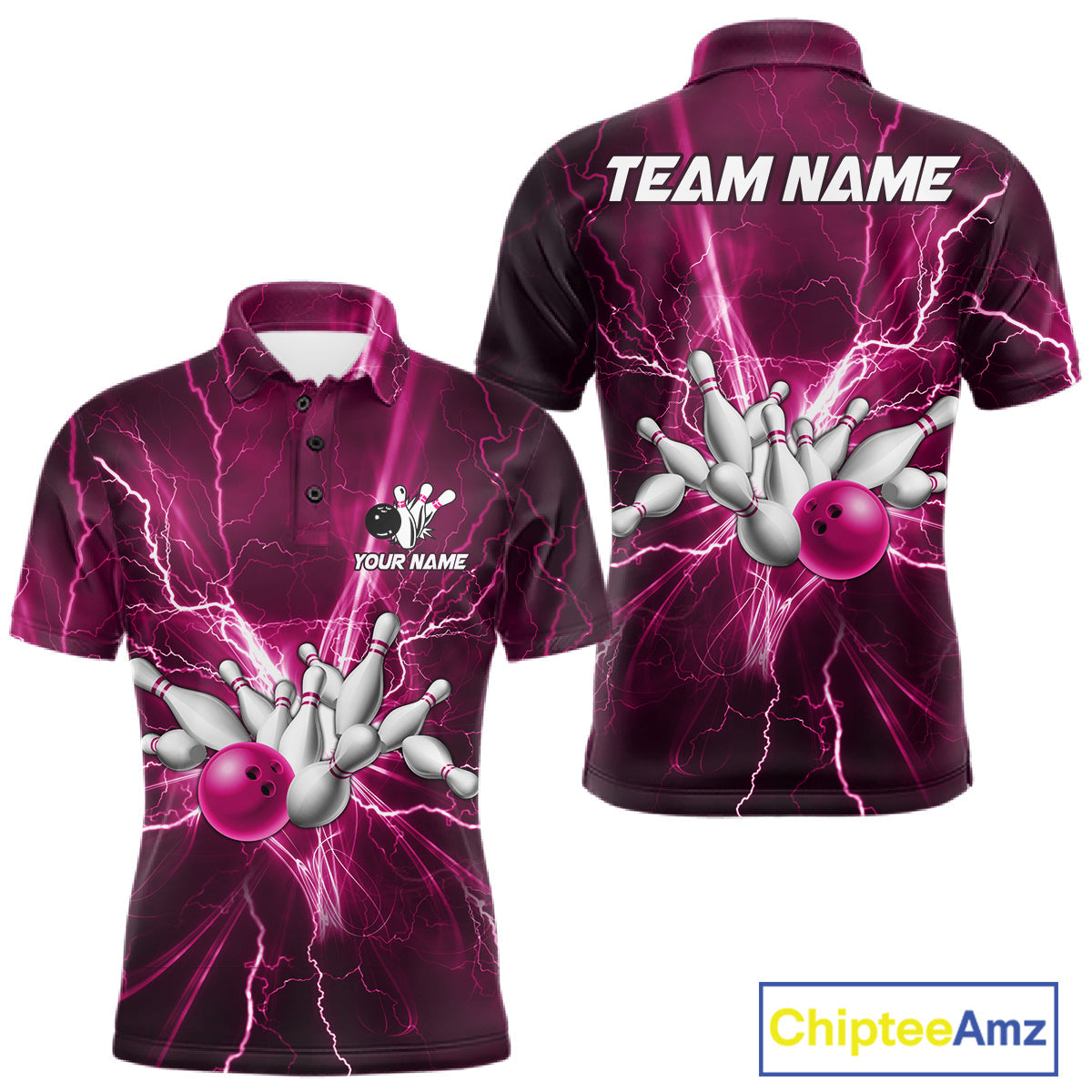 Custom Pink Lightning Thunder Bowling Shirts, Bowling Team Jersey, Gifts For Bowler
