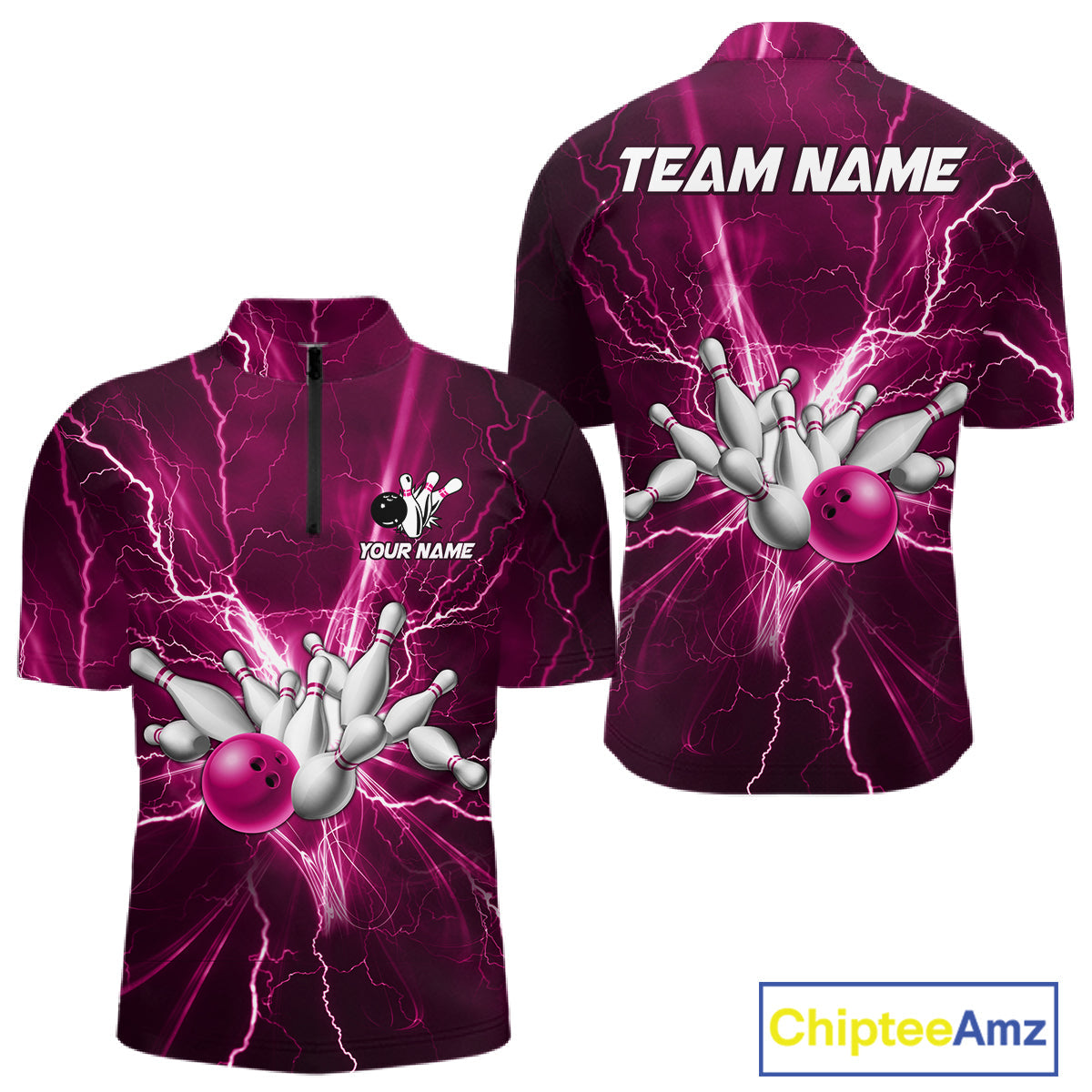 Custom Pink Lightning Thunder Bowling Shirts, Bowling Team Jersey, Gifts For Bowler