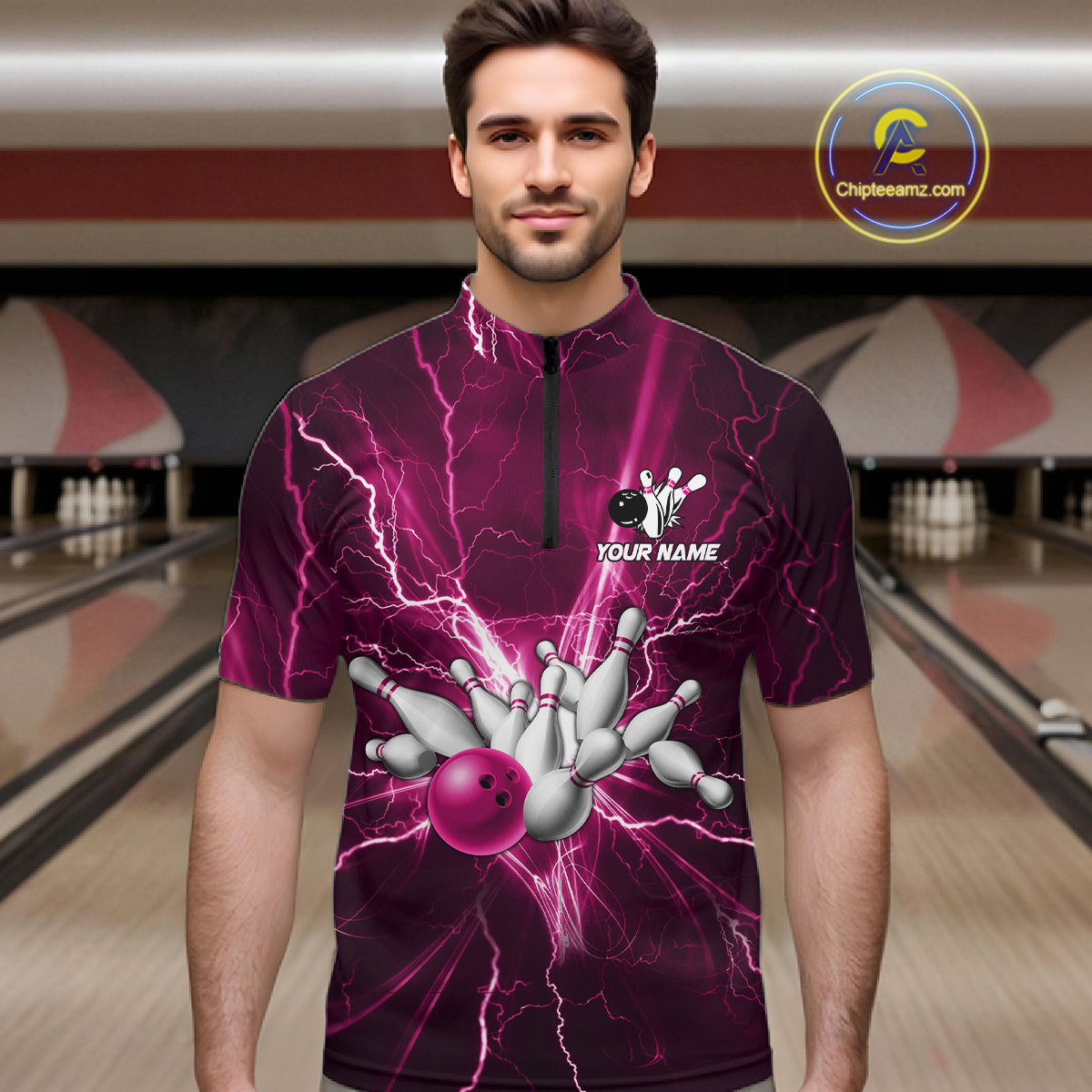 Custom Pink Lightning Thunder Bowling Shirts, Bowling Team Jersey, Gifts For Bowler