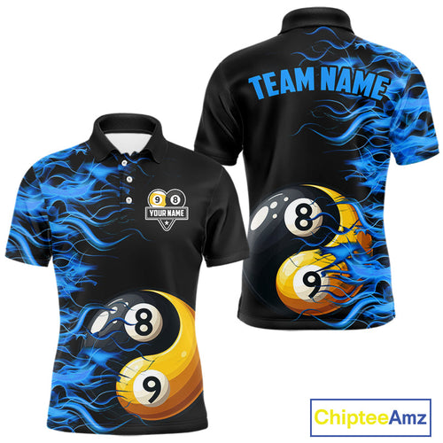 Blue Flaming Funny Yin-Yang 8 Ball & 9 Ball Billiard Shirt Custom Pool Team Jerseys