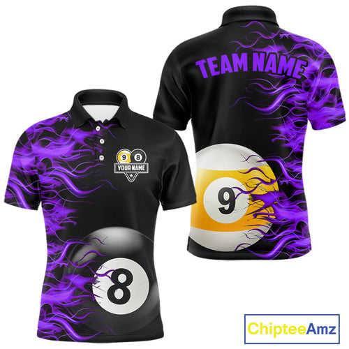 Purple Flaming 8 Ball & 9 Ball Billiard Shirt Custom Pool Team Jersey Polo & 1/4 Zip