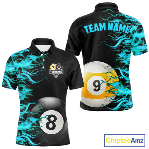 Turquoise Flaming 8 Ball & 9 Ball Billiard Shirt Custom Pool Team Jersey Polo & 1/4 Zip