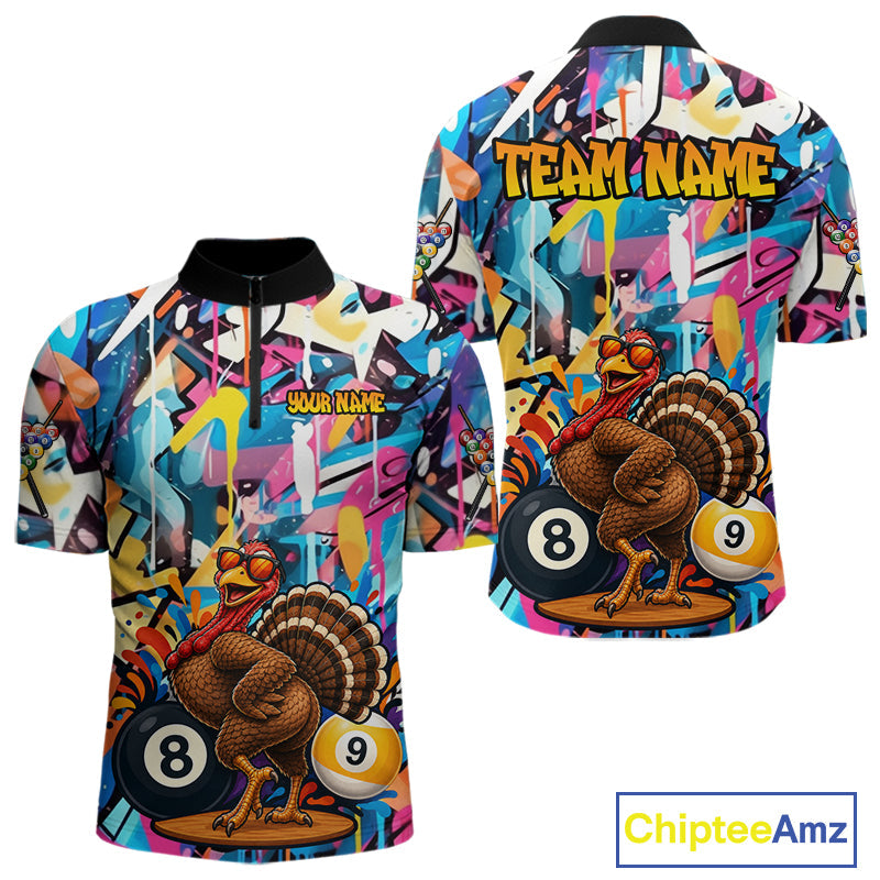 Funny Turkey Colorful Graffiti 8 Ball 9 Ball Billiard Shirts Custom Pool Team Jersey