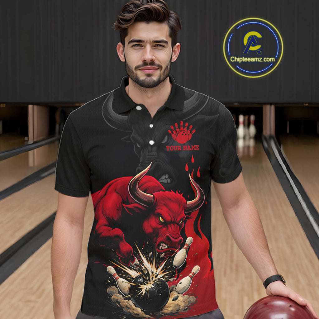 Black And Red Funny Bull Bowling Shirt Custom Bowling Team Jersey Polo & Quarter Zip