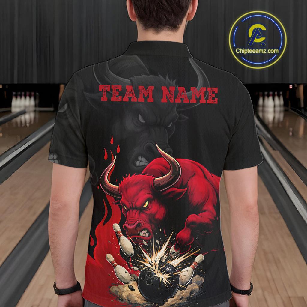 Black And Red Funny Bull Bowling Shirt Custom Bowling Team Jersey Polo & Quarter Zip