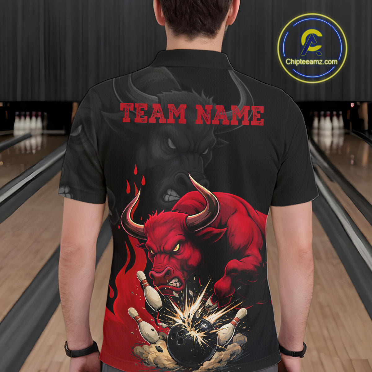 Black And Red Funny Bull Bowling Shirt Custom Bowling Team Jersey Polo & Quarter Zip