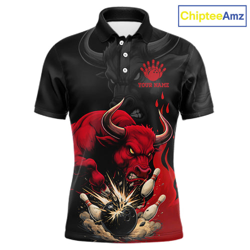 Black And Red Funny Bull Bowling Shirt Custom Bowling Team Jersey Polo & Quarter Zip