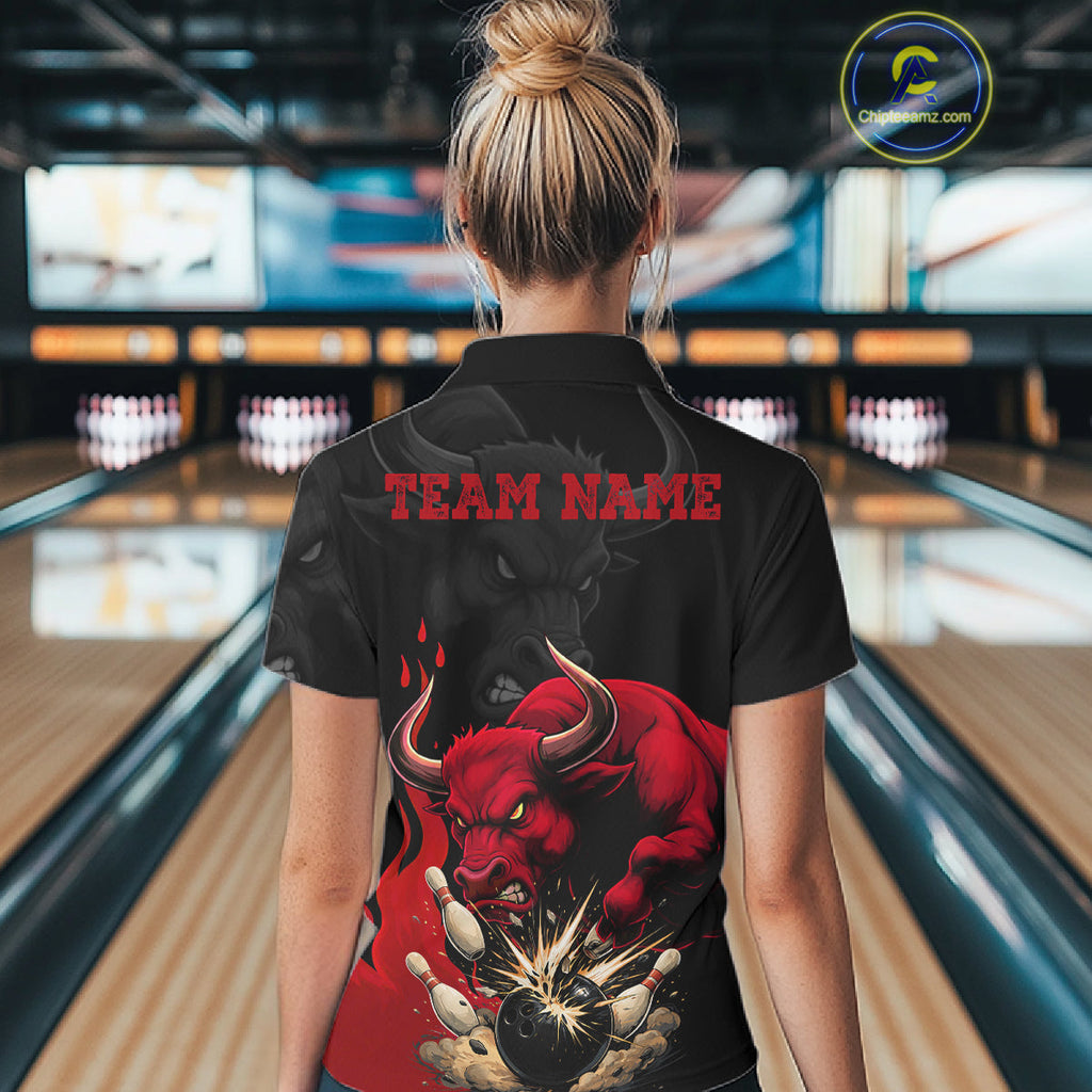 Black And Red Funny Bull Bowling Shirt Custom Bowling Team Jersey Polo & Quarter Zip