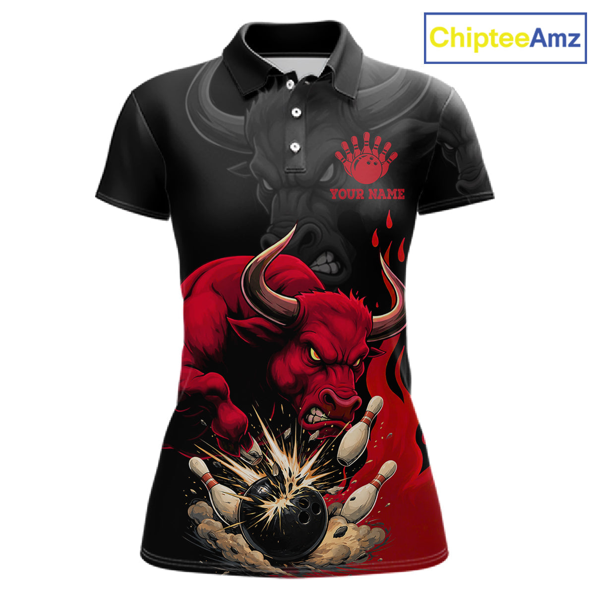 Black And Red Funny Bull Bowling Shirt Custom Bowling Team Jersey Polo & Quarter Zip