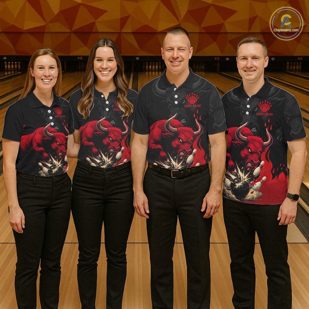 Black And Red Funny Bull Bowling Shirt Custom Bowling Team Jersey Polo & Quarter Zip