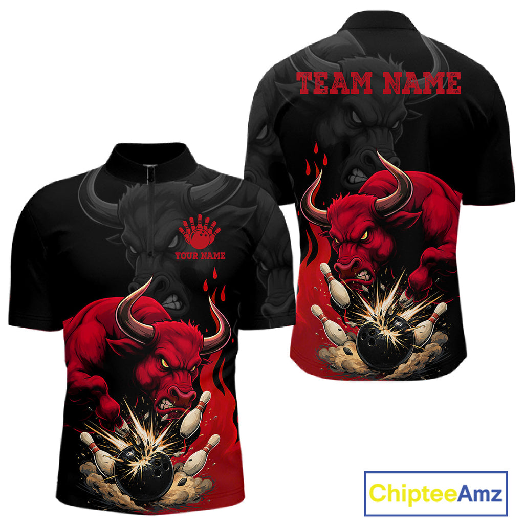 Black And Red Funny Bull Bowling Shirt Custom Bowling Team Jersey Polo & Quarter Zip