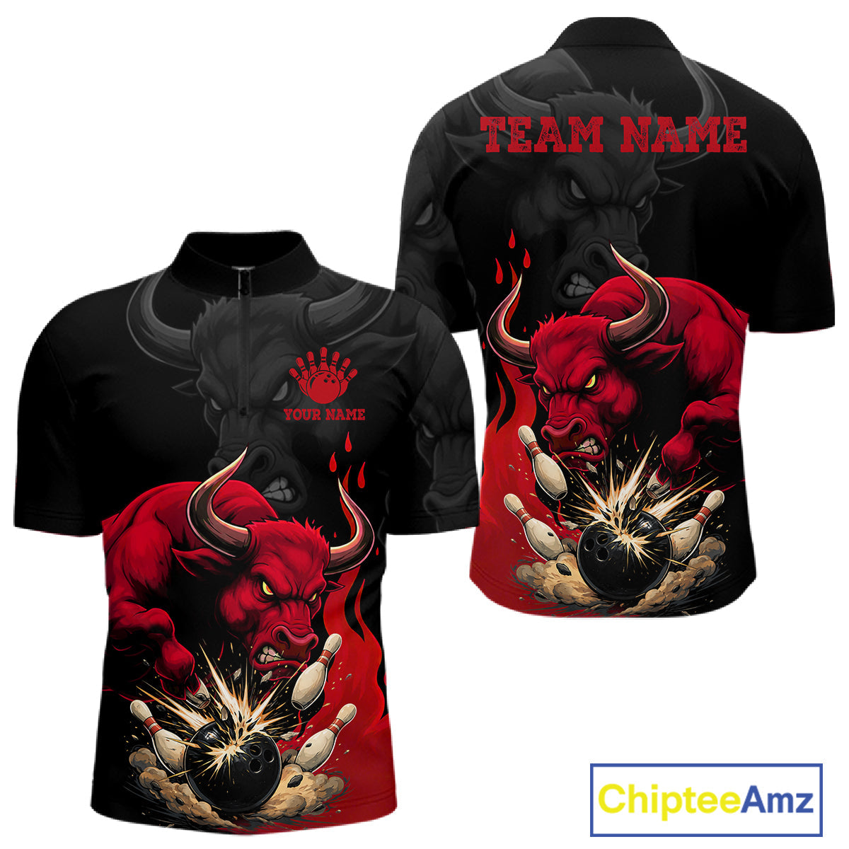 Black And Red Funny Bull Bowling Shirt Custom Bowling Team Jersey Polo & Quarter Zip
