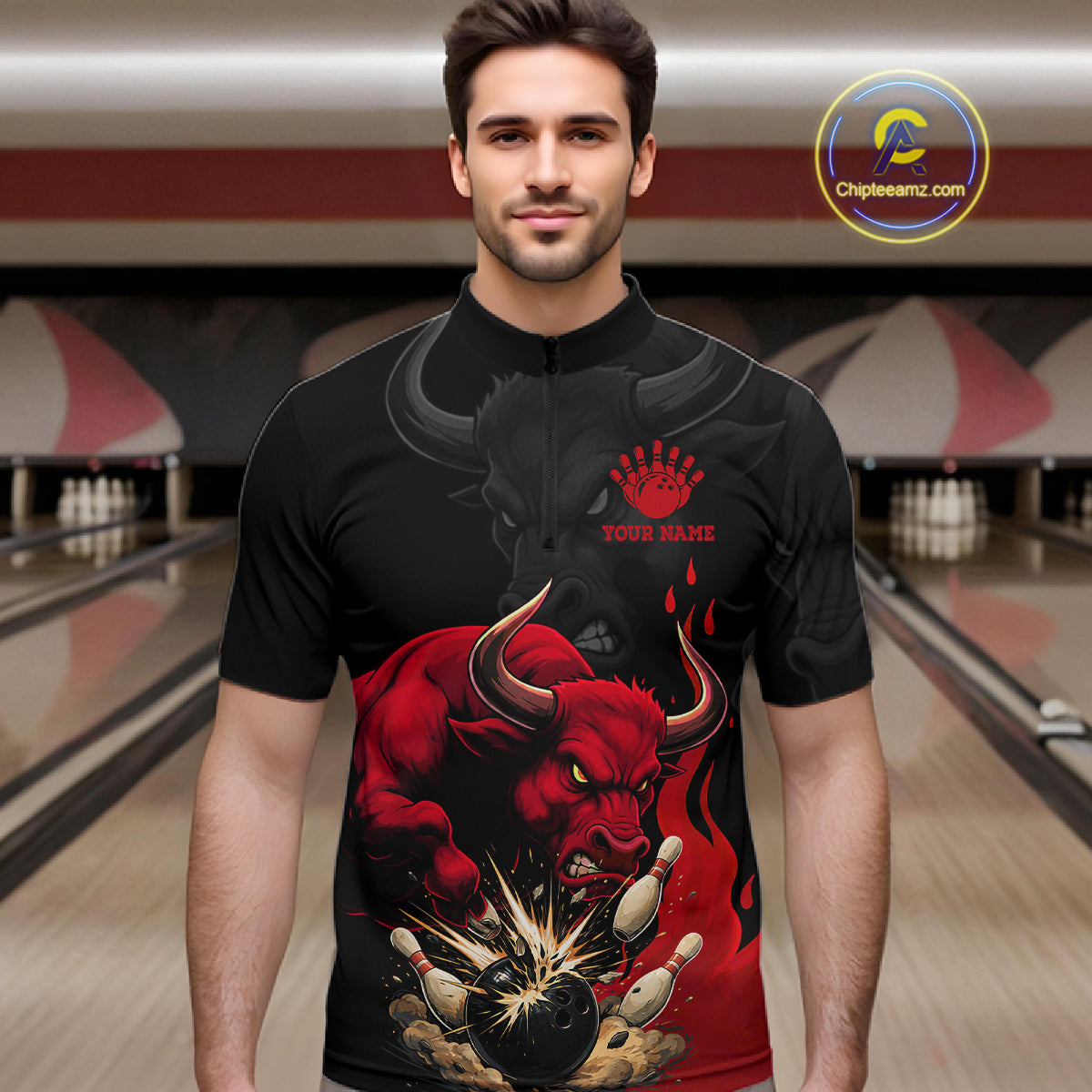 Black And Red Funny Bull Bowling Shirt Custom Bowling Team Jersey Polo & Quarter Zip