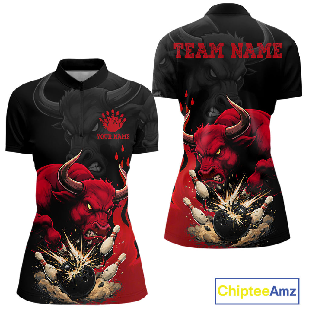 Black And Red Funny Bull Bowling Shirt Custom Bowling Team Jersey Polo & Quarter Zip
