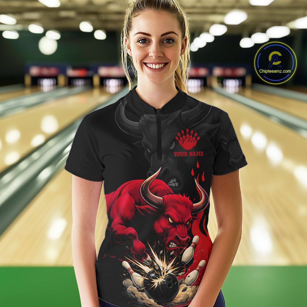 Black And Red Funny Bull Bowling Shirt Custom Bowling Team Jersey Polo & Quarter Zip