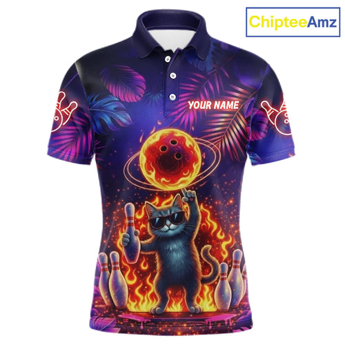 Custom Funny Cat Flame Bowling Shirt, Personalized Tropical Bowling Jersey Polo & 1/4 Zip