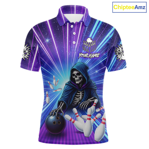 Funny Grim Reaper Blue Purple Neon Bowling Shirt Custom Lighting Bowling Team Jersey