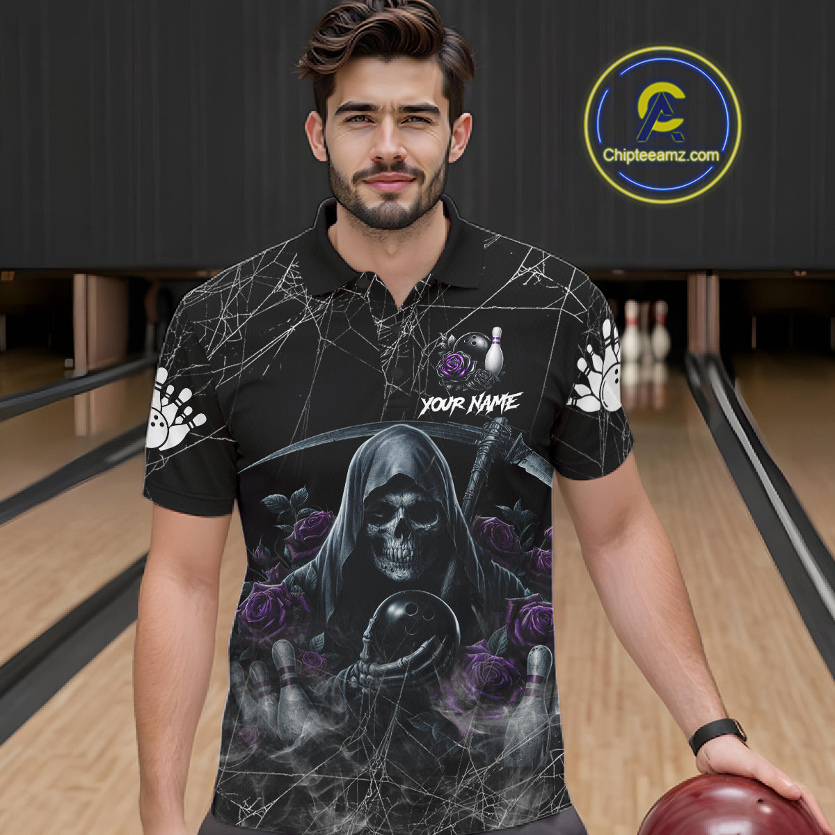 Grim Reaper And Roses Custom Bowling Shirt, Bowling Team Jersey Polo & 1/4 Zip