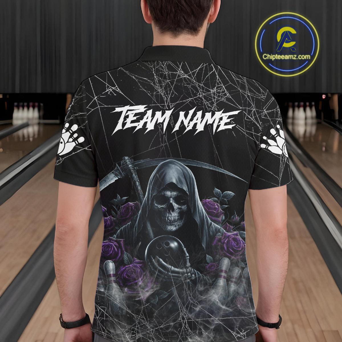 Grim Reaper And Roses Custom Bowling Shirt, Bowling Team Jersey Polo & 1/4 Zip