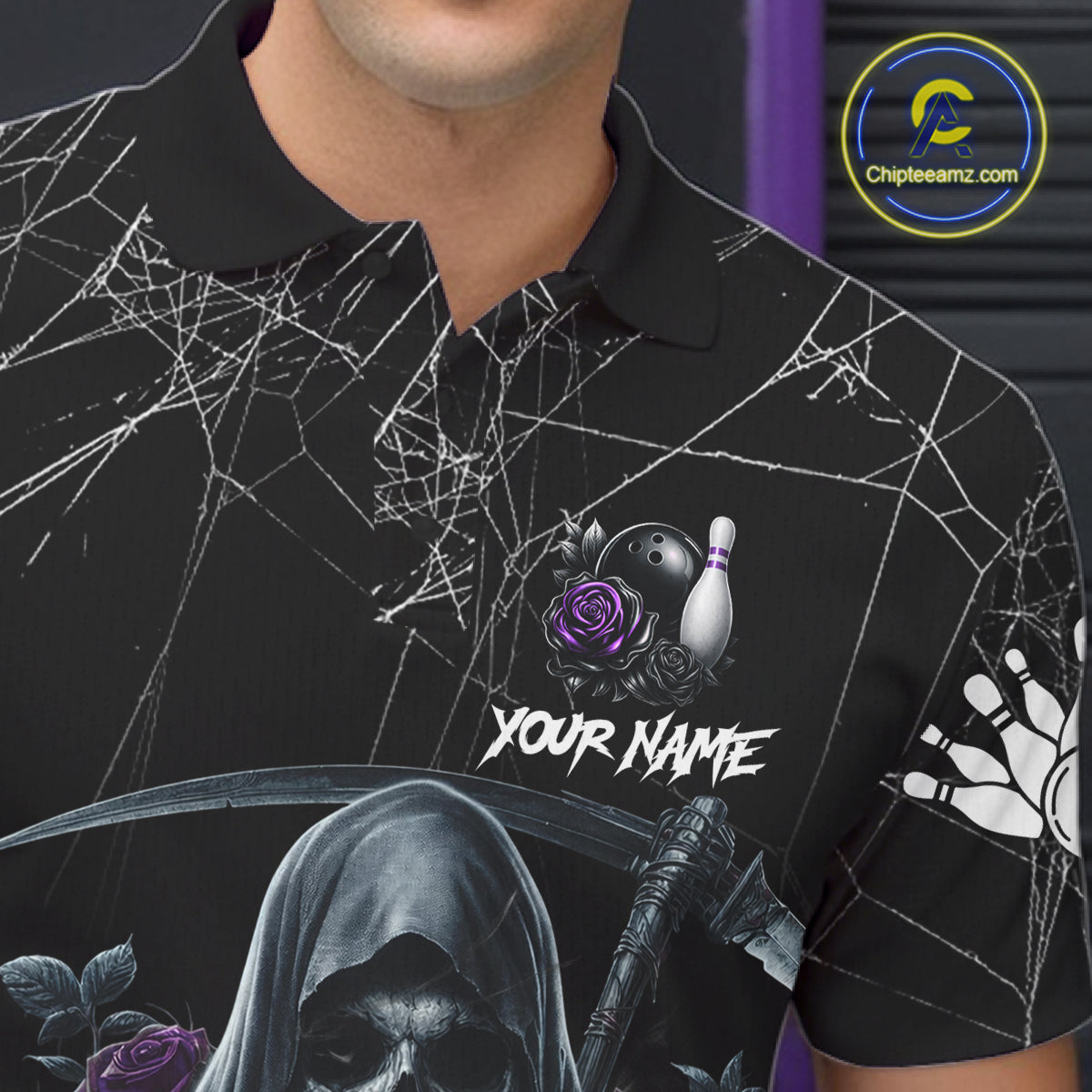 Grim Reaper And Roses Custom Bowling Shirt, Bowling Team Jersey Polo & 1/4 Zip