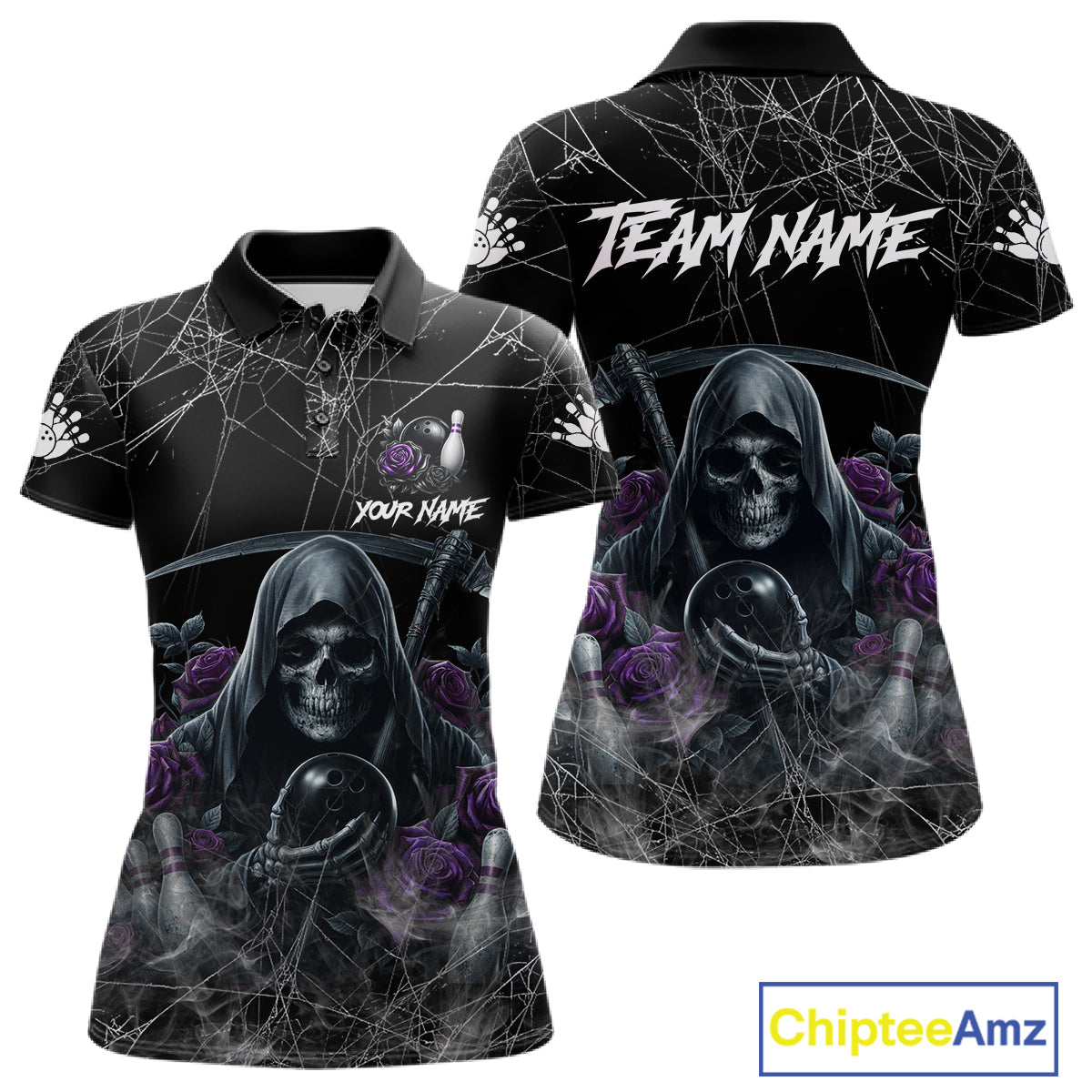 Grim Reaper And Roses Custom Bowling Shirt, Bowling Team Jersey Polo & 1/4 Zip