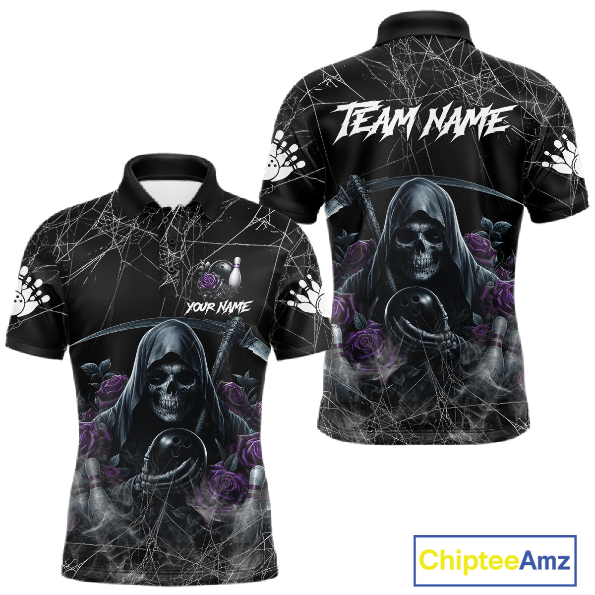 Grim Reaper And Roses Custom Bowling Shirt, Bowling Team Jersey Polo & 1/4 Zip