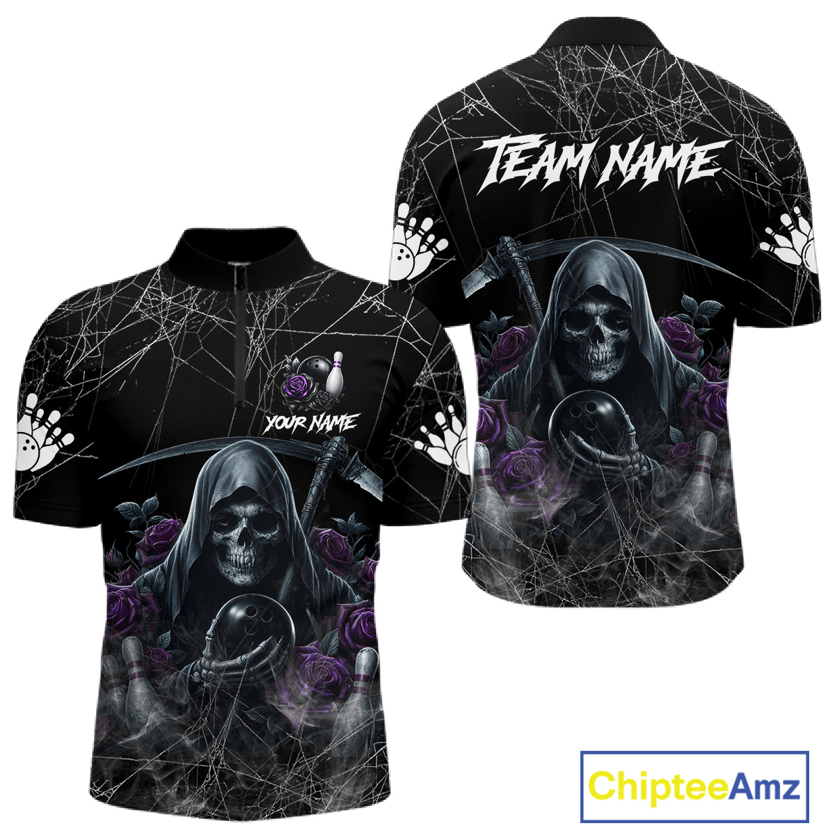 Grim Reaper And Roses Custom Bowling Shirt, Bowling Team Jersey Polo & 1/4 Zip