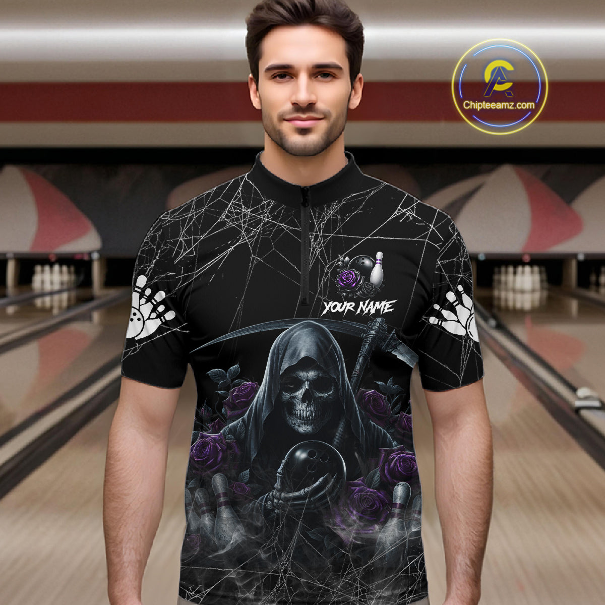 Grim Reaper And Roses Custom Bowling Shirt, Bowling Team Jersey Polo & 1/4 Zip