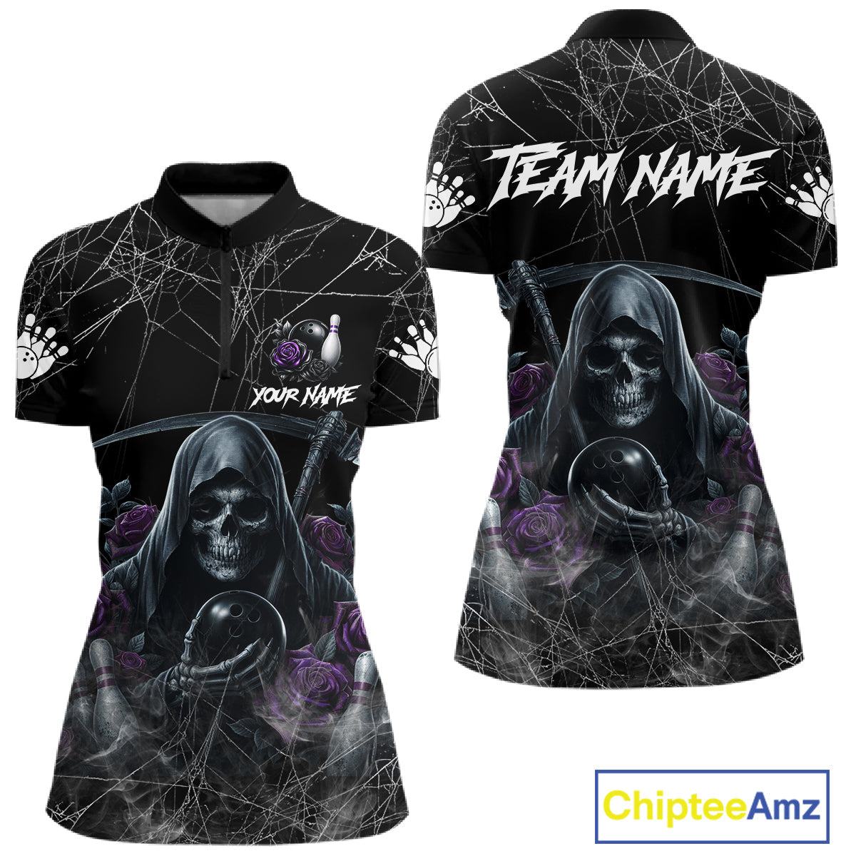 Grim Reaper And Roses Custom Bowling Shirt, Bowling Team Jersey Polo & 1/4 Zip