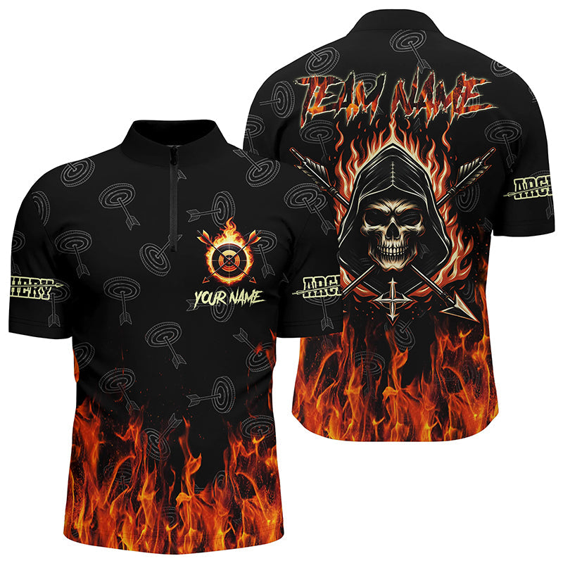 Archery Skull Fire Custom Target Pattern Quarter-Zip Shirt, Archery Shirts For Archer
