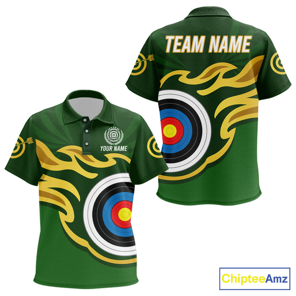 Personalized Green Archery Flame Polo Shirt Custom Golden Archery Team Jersey