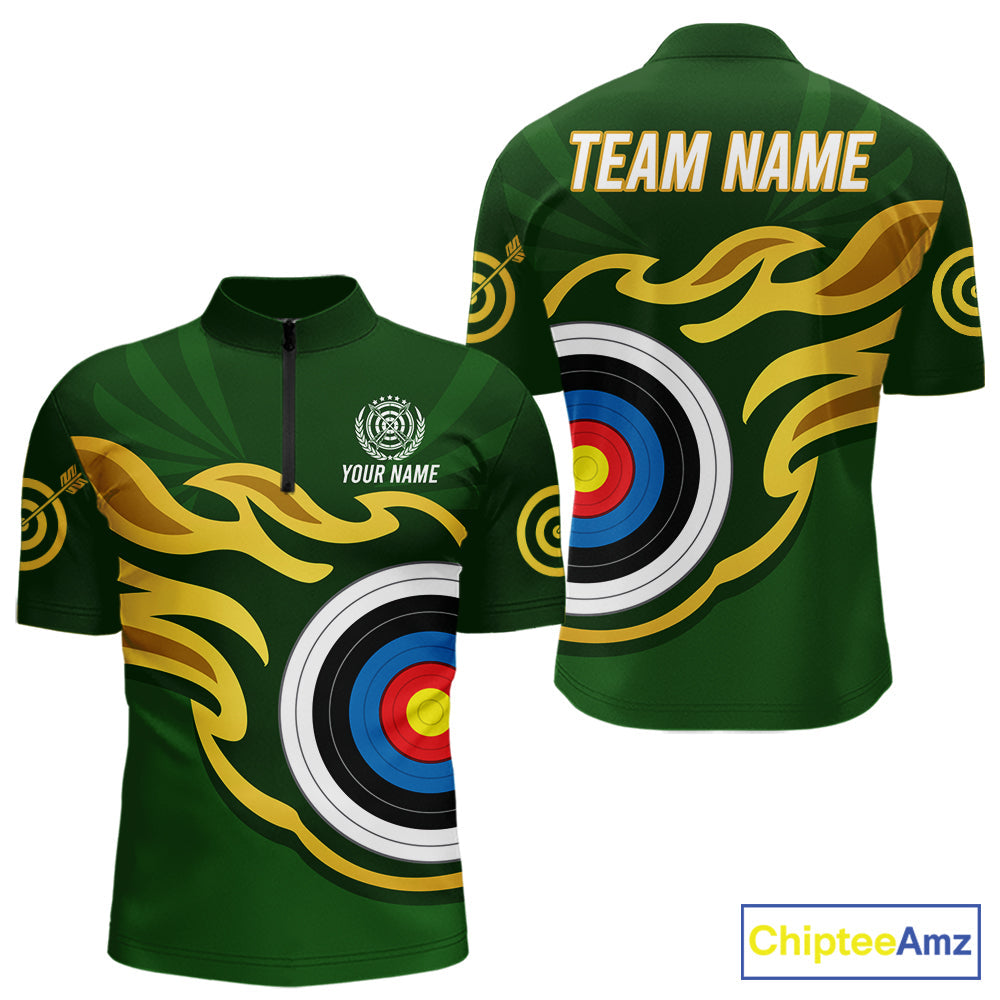 Personalized Green Archery Flame Polo & 1/4 Zip Custom Golden Archery Team Jersey