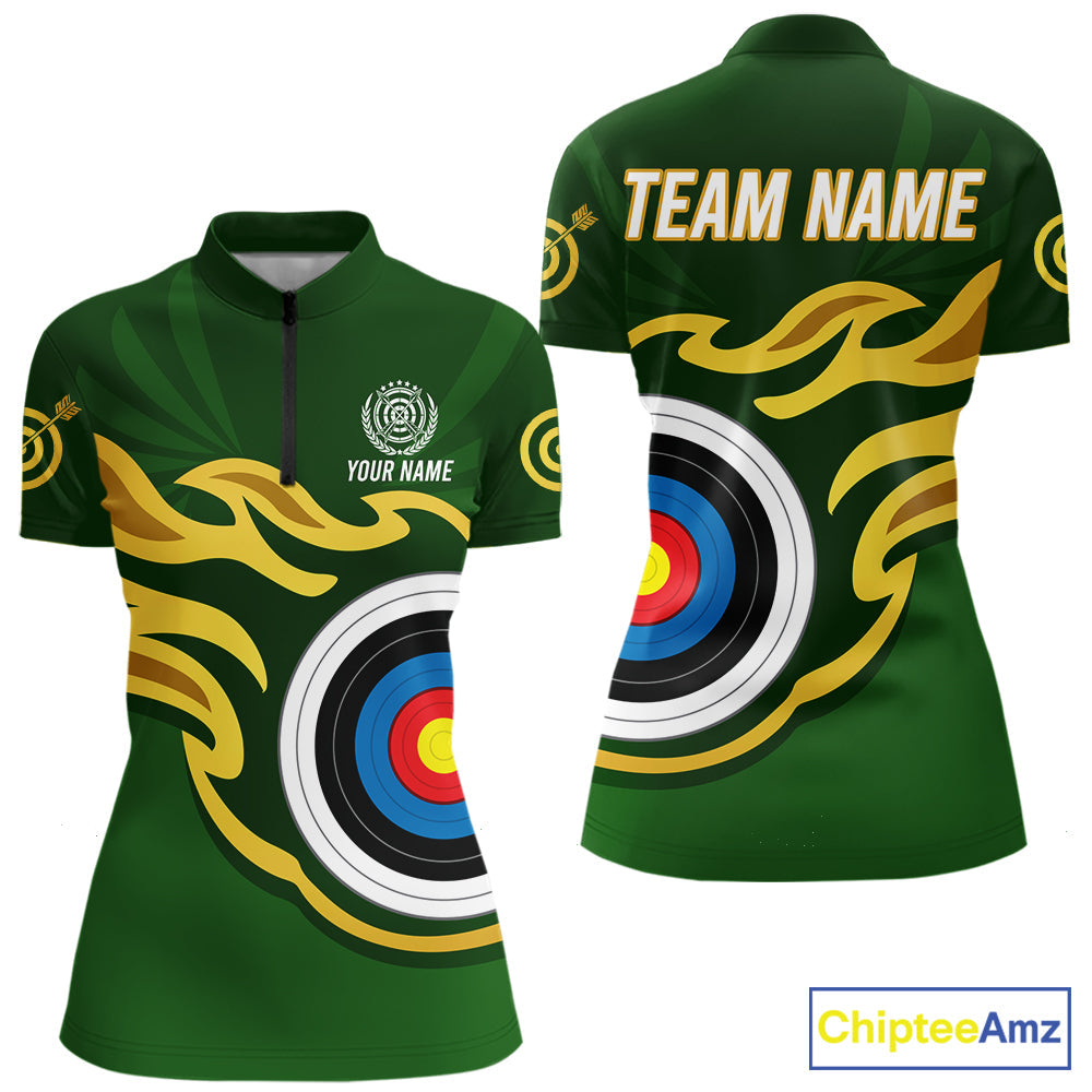 Personalized Green Archery Flame Polo & 1/4 Zip Custom Golden Archery Team Jersey