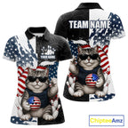 Personalized Funny Cat American Flag Bowling Jerseys Custom Patriotic Bowling Team Shirts