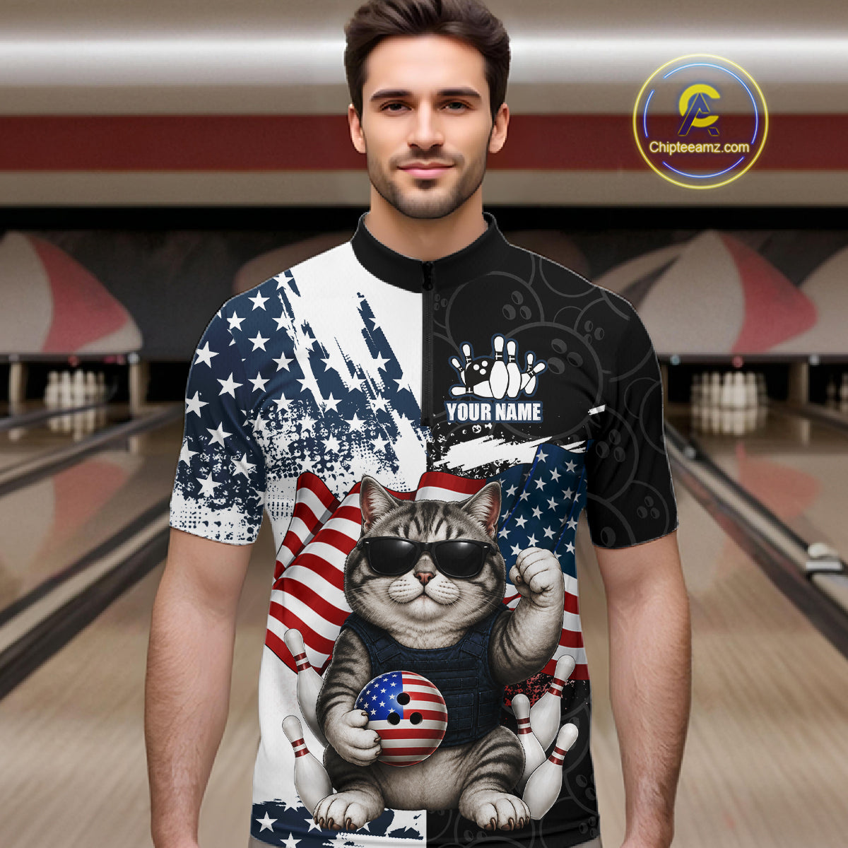 Personalized Funny Cat American Flag Bowling Jerseys Custom Patriotic Bowling Team Shirts