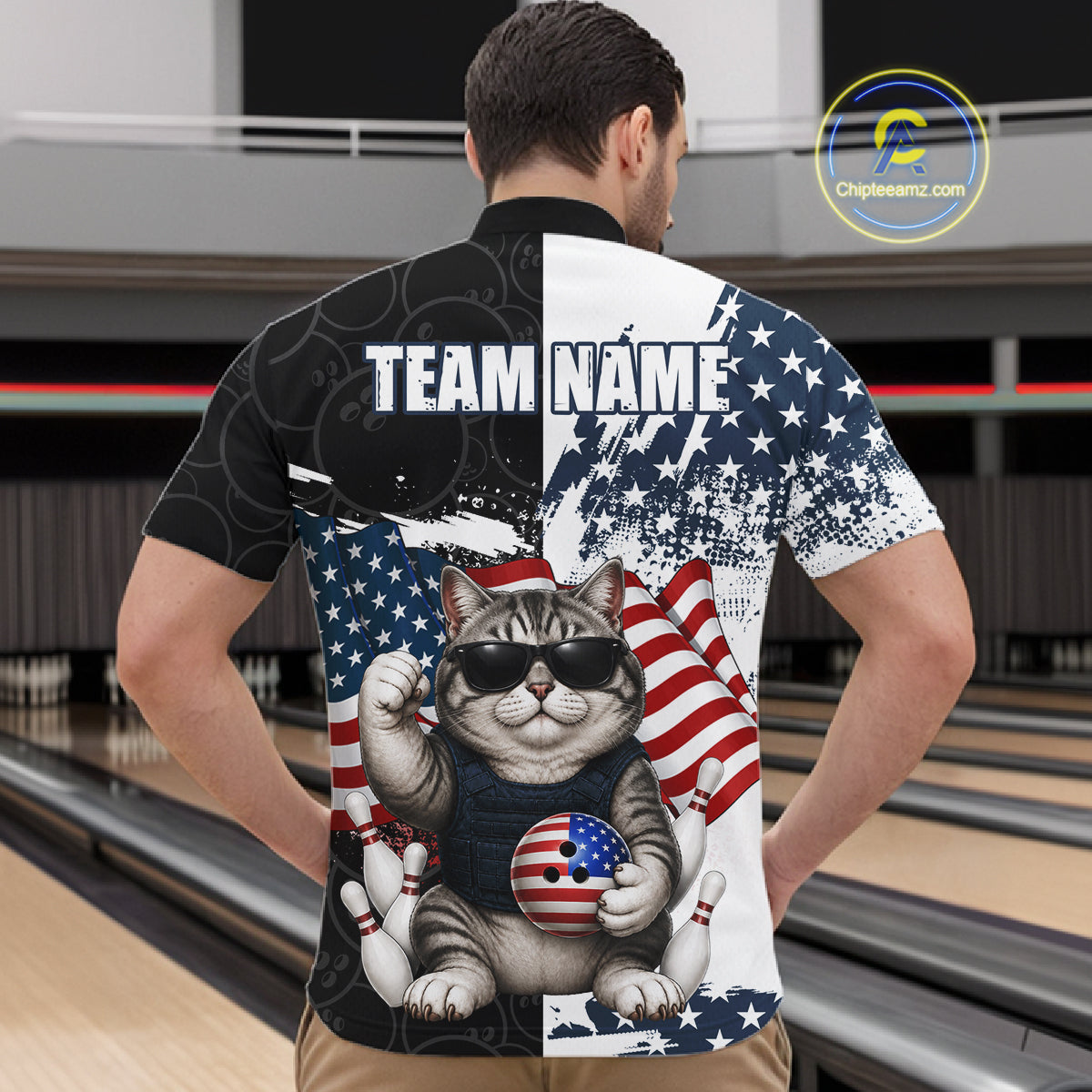 Personalized Funny Cat American Flag Bowling Jerseys Custom Patriotic Bowling Team Shirts