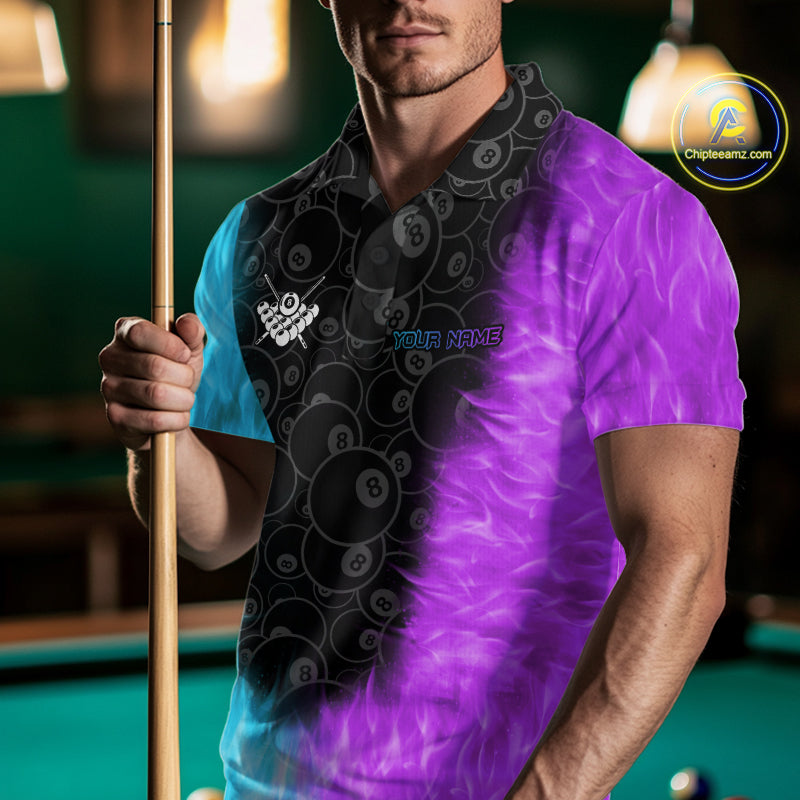 Blue And Purple Flame 8 Ball Billiard Pool Shirt Custom Billiard Team Jersey Polo, 1/4 Zip