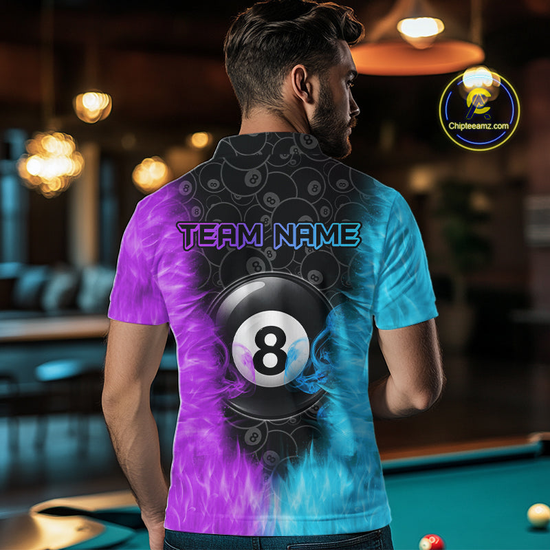 Blue And Purple Flame 8 Ball Billiard Pool Shirt Custom Billiard Team Jersey Polo, 1/4 Zip