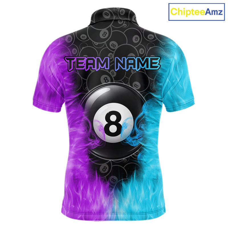 Blue And Purple Flame 8 Ball Billiard Pool Shirt Custom Billiard Team Jersey Polo, 1/4 Zip