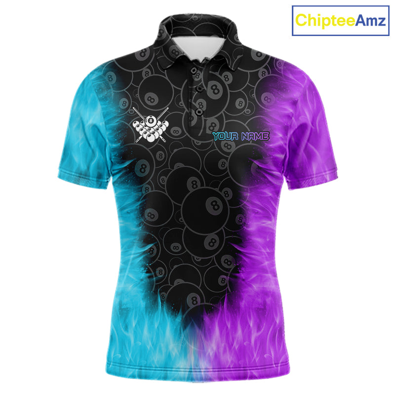 Blue And Purple Flame 8 Ball Billiard Pool Shirt Custom Billiard Team Jersey Polo, 1/4 Zip